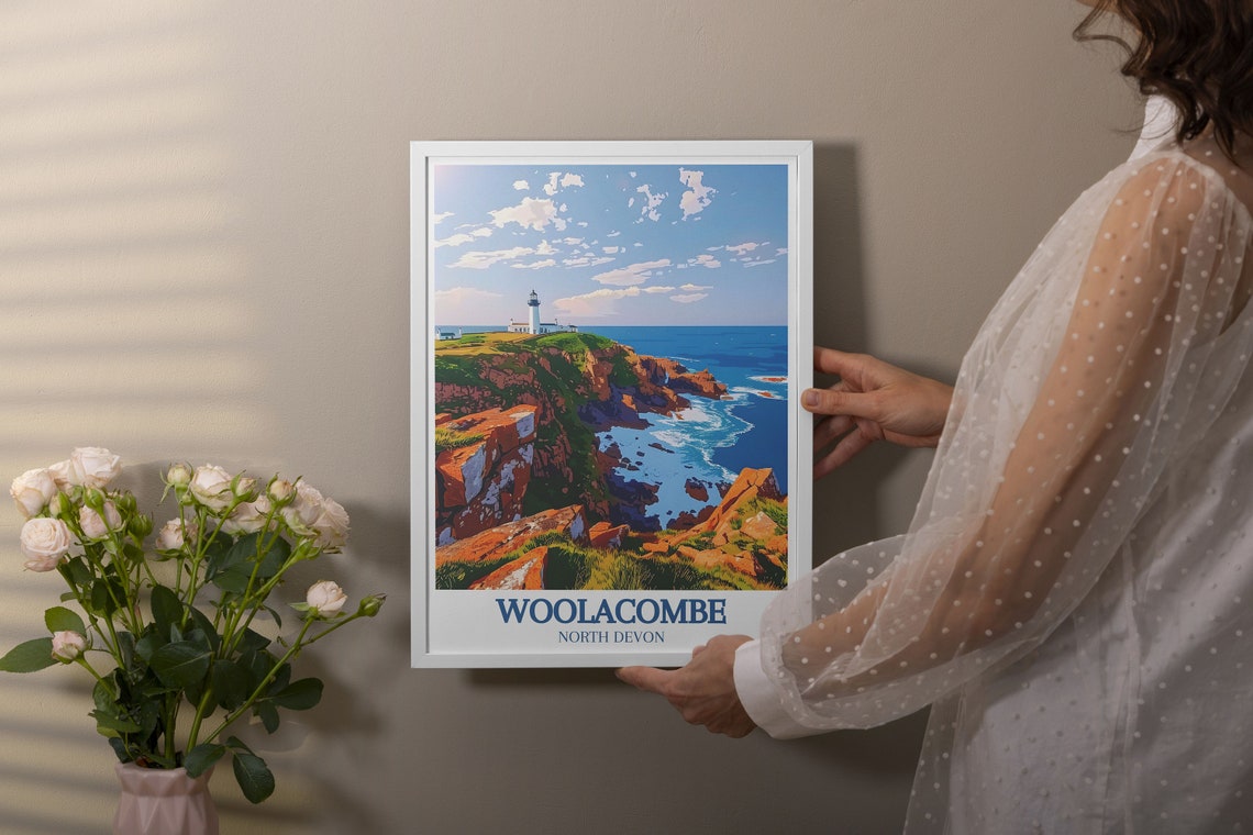 Woolacombe North Devon Bull Point Lighthouse Over Sea Cliffs Poster - Image 2