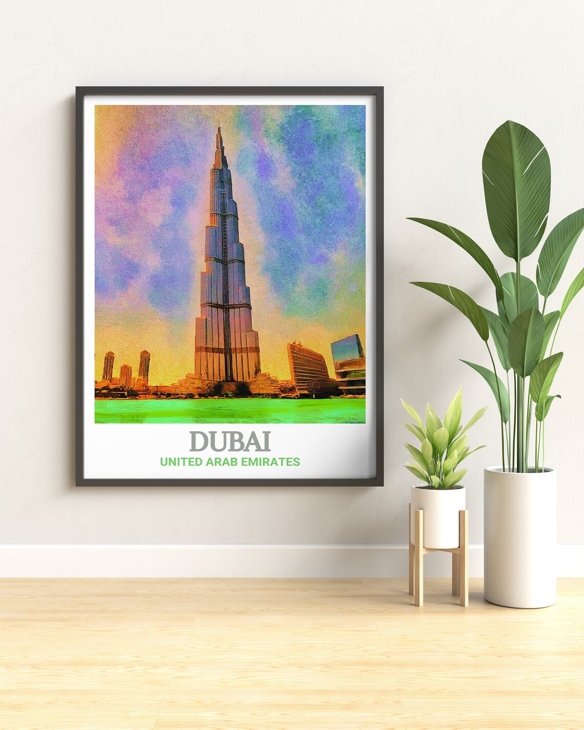 Dubai Burj Khalifa Sunset Watercolor Skyline UAE Travel Poster - Image 3