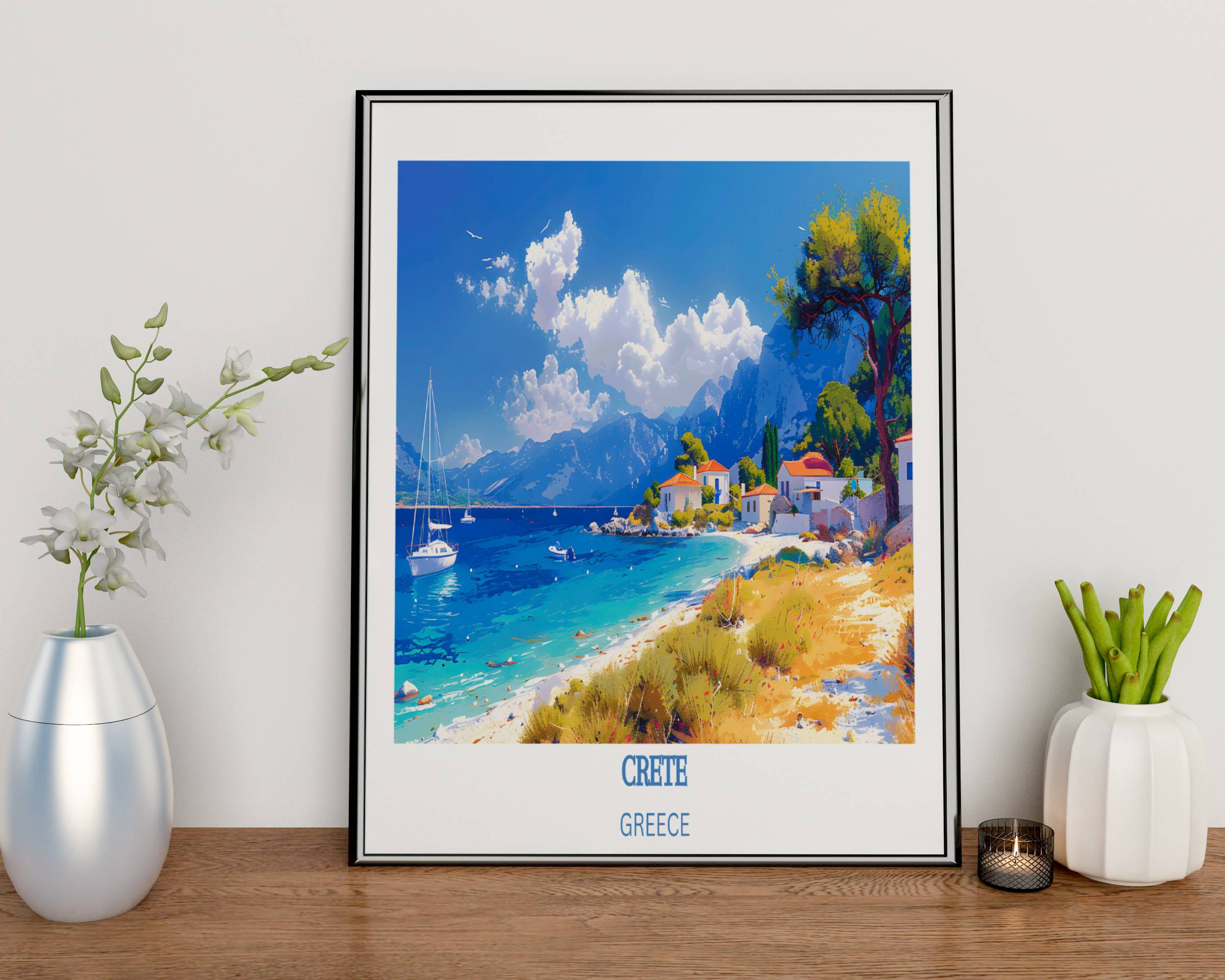 Crete Greece Coastal Village Sailboats Turquoise Sea Travel Poster - Image 2