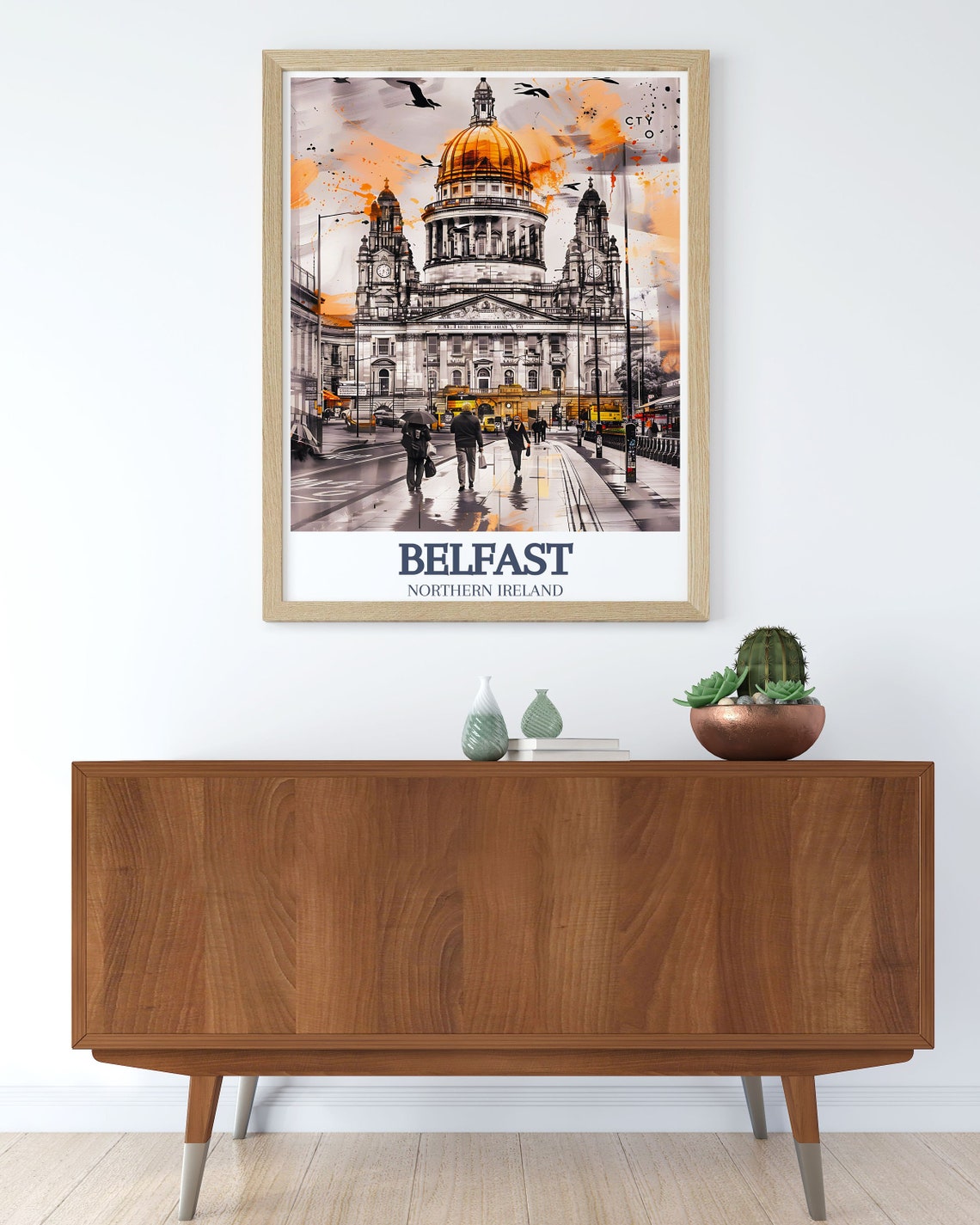 Belfast City Hall Golden Dome on a Rainy Street Scene Art Poster - Image 2