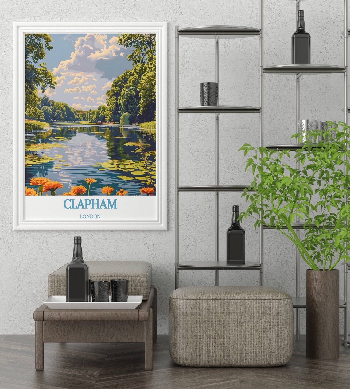 Clapham London Lily Pad Pond With Bright Orange Bloom Poster - Image 3