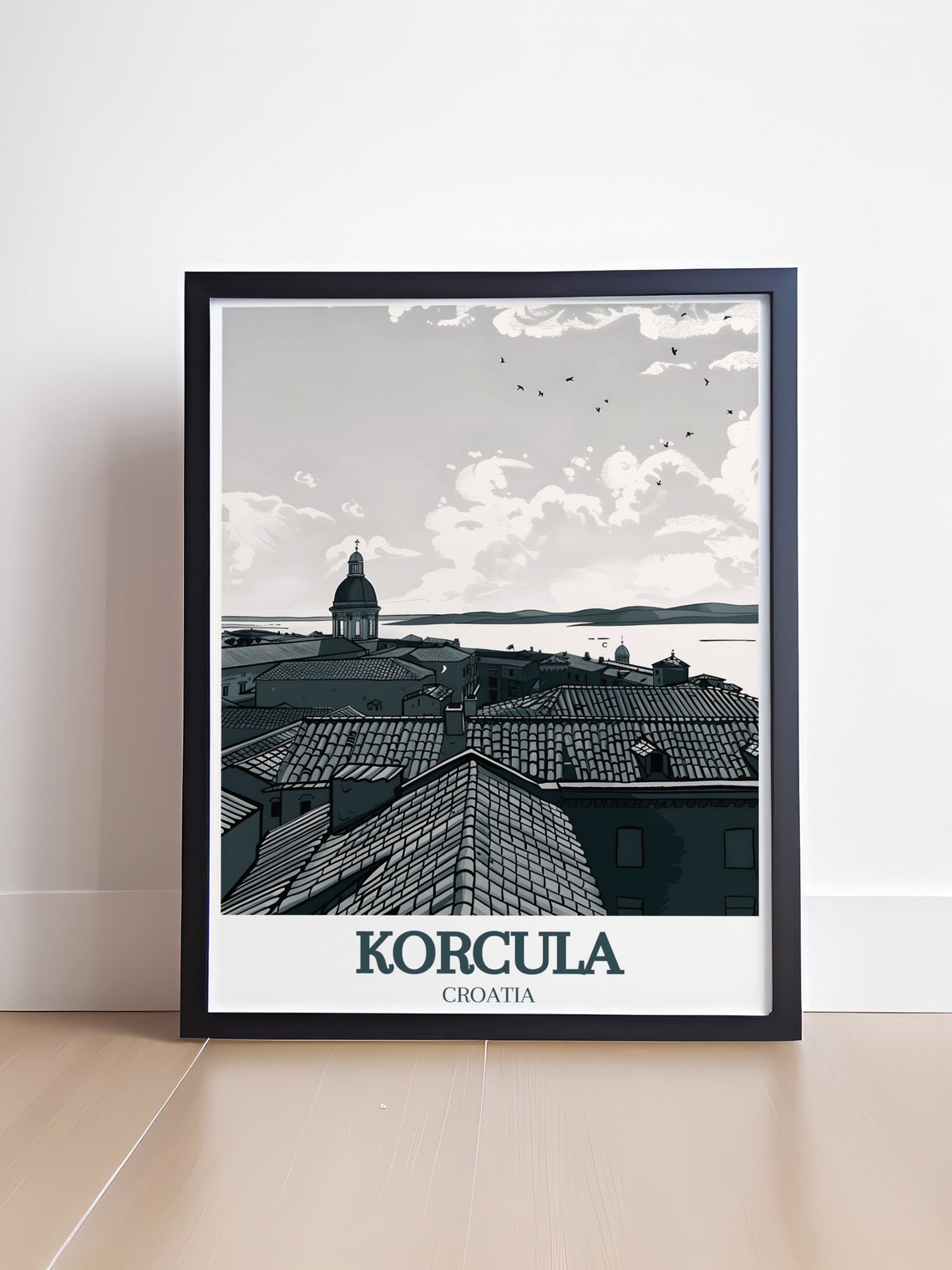 Korcula St Marks Cathedral Rooftops Monochrome Adriatic Coast Poster - Image 4