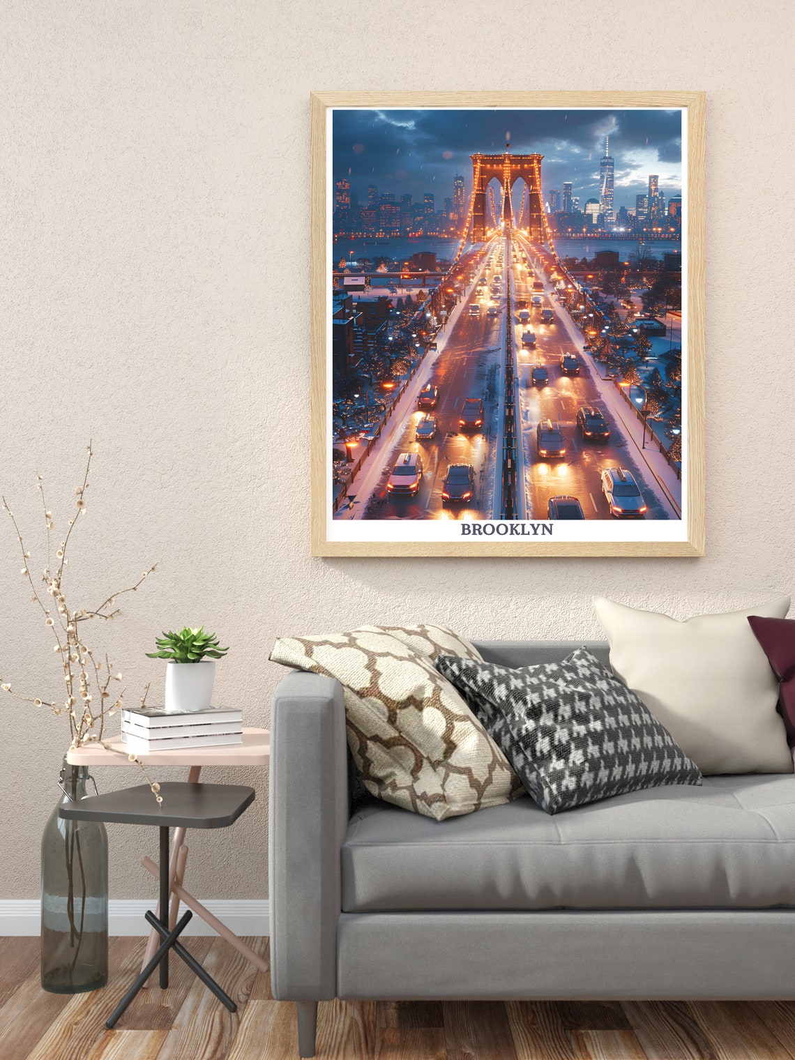 Brooklyn Bridge Night Lights With Manhattan Skyline Traffic Poster - Image 3