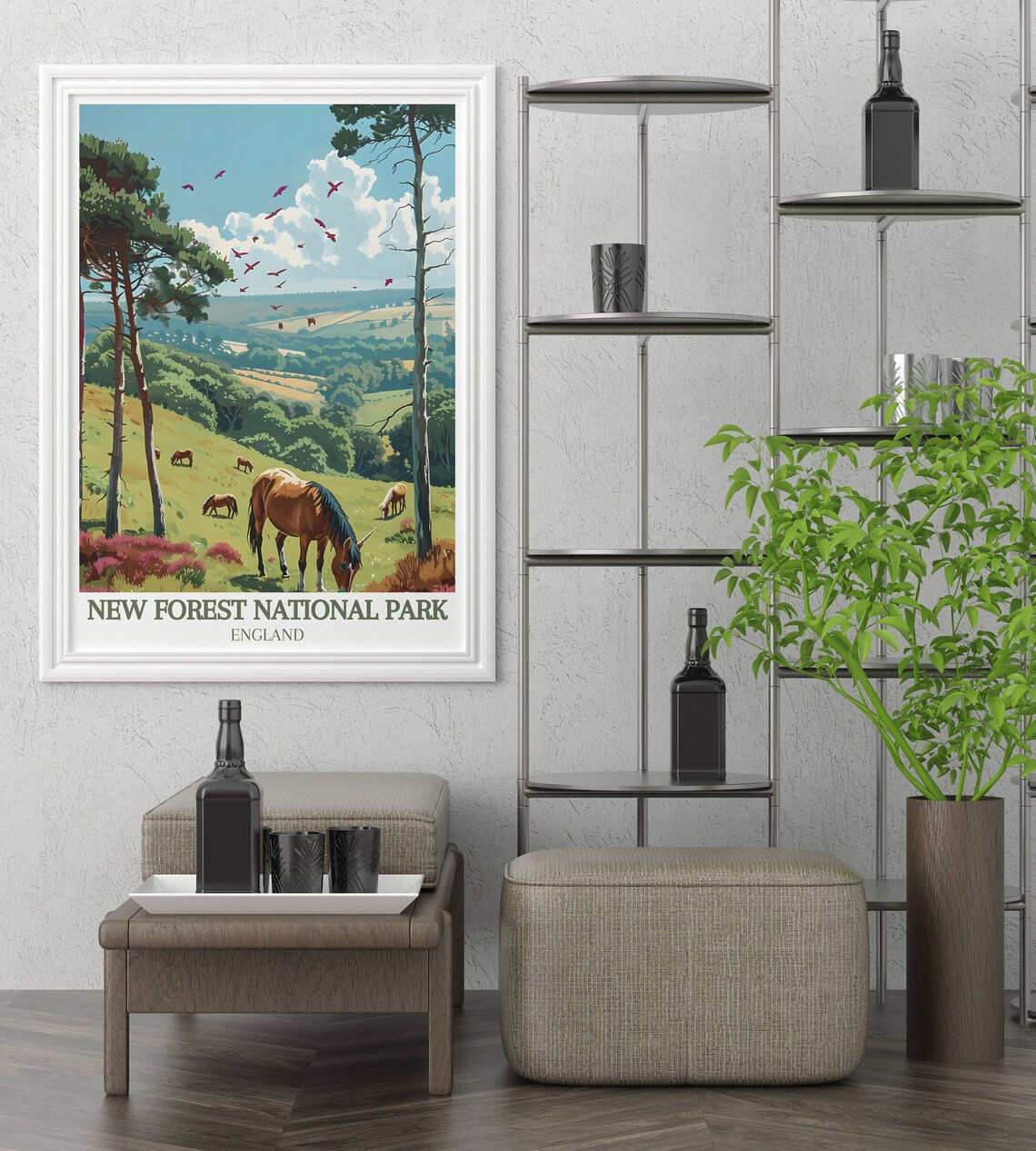 New Forest National Park Grazing Ponies on Sunny Heathland Poster - Image 3