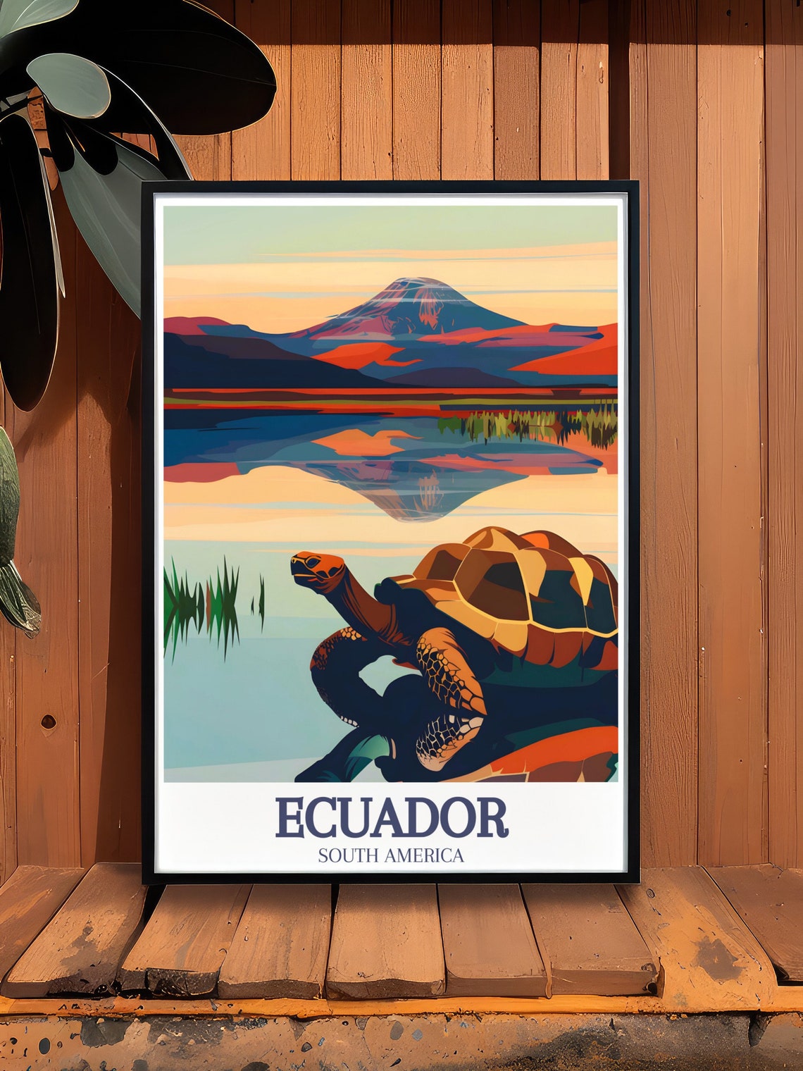 Galapagos Tortoise at Sunset Ecuador Volcano Wildlife Art Poster - Image 2