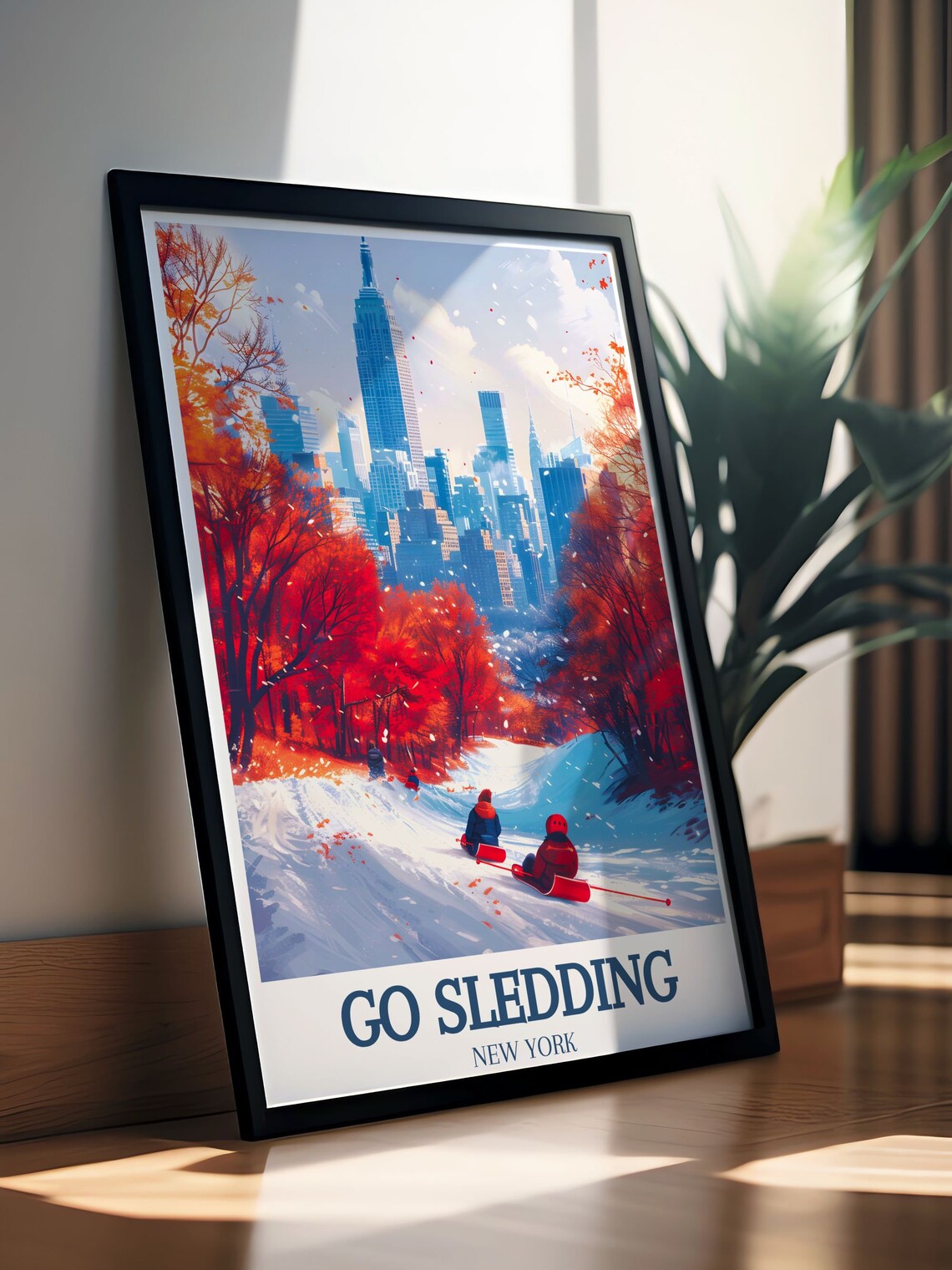 Go Sledding New York City Central Park Winter Skyline Travel Poster - Image 2