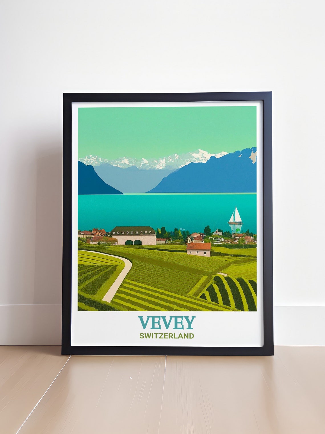 Vevey Vineyard Terraces Above Lake Geneva Alpine View Poster - Image 4