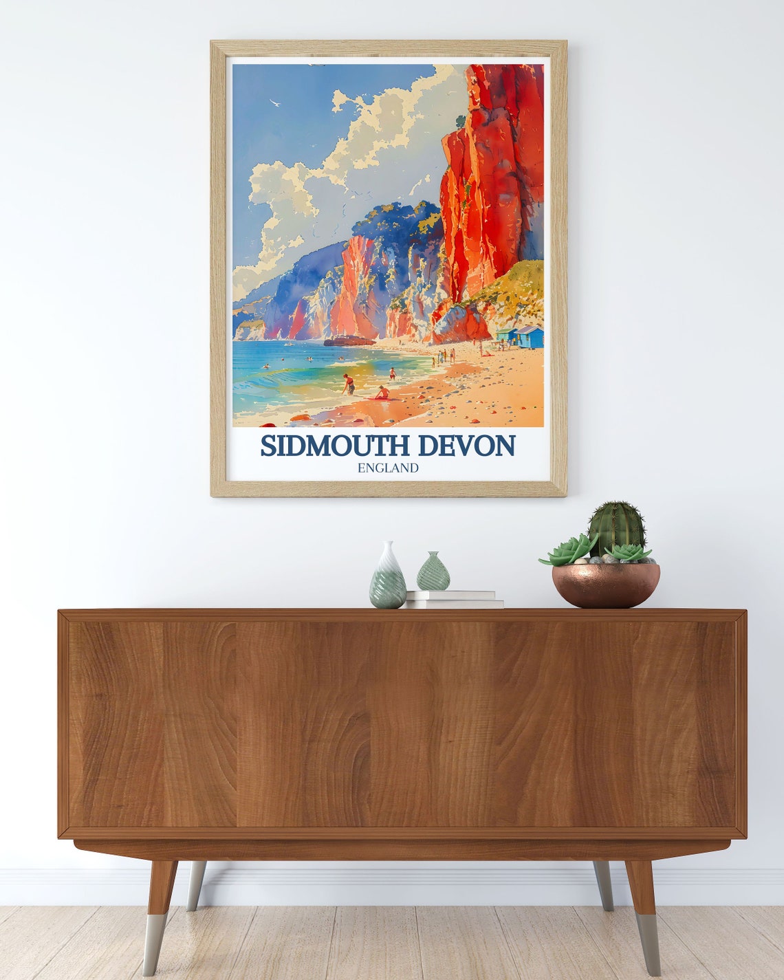 Sidmouth Devon Red Cliffs Beach Huts Watercolor Seaside Poster - Image 3