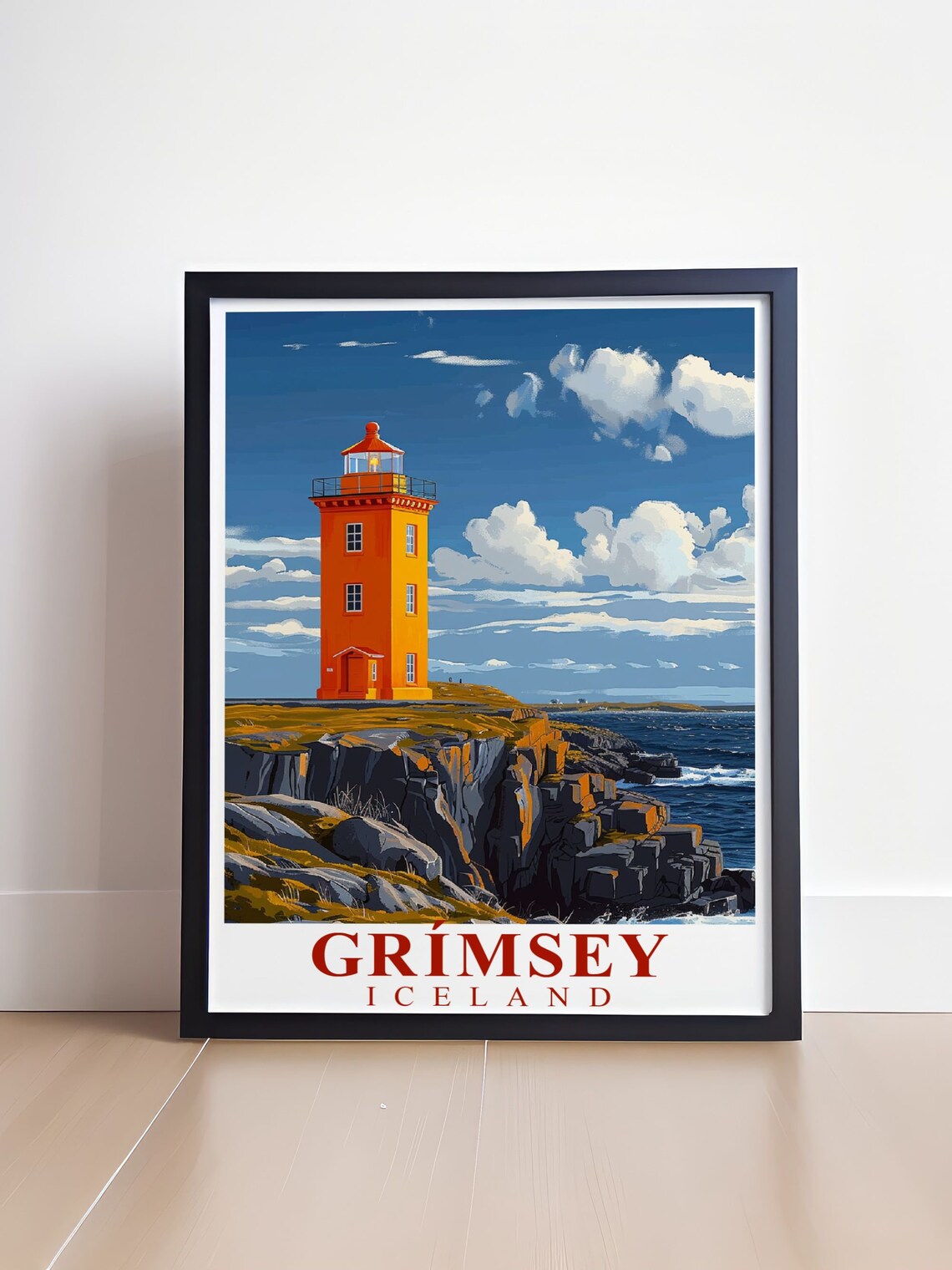 Grimsey Iceland Orange Lighthouse Poster on Arctic Rocky Coast - Image 4