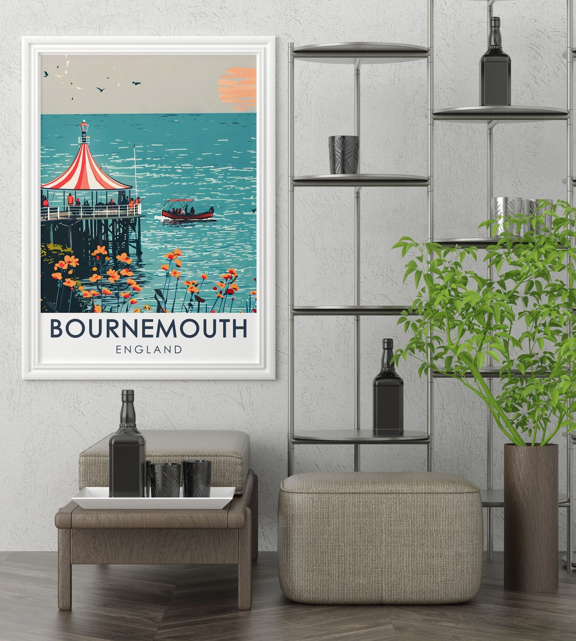 Bournemouth England Pier Striped Canopy Sunset Seaside Art Poster - Image 3