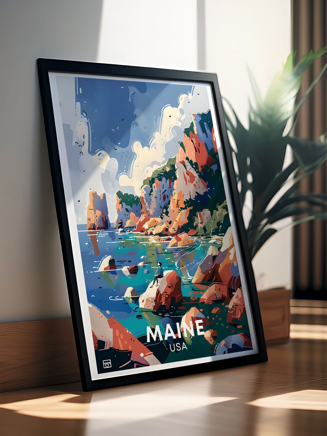 Maine USA Figure On Coastal Rocks Above The Blue Ocean Poster - Image 2