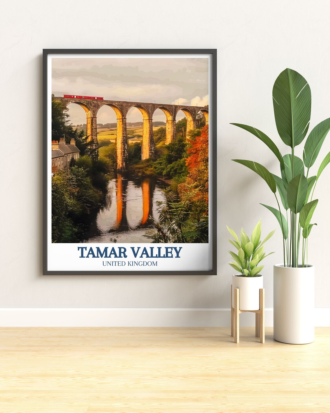 Calstock Viaduct Red Train Over Autumn River UK Travel Poster - Image 3