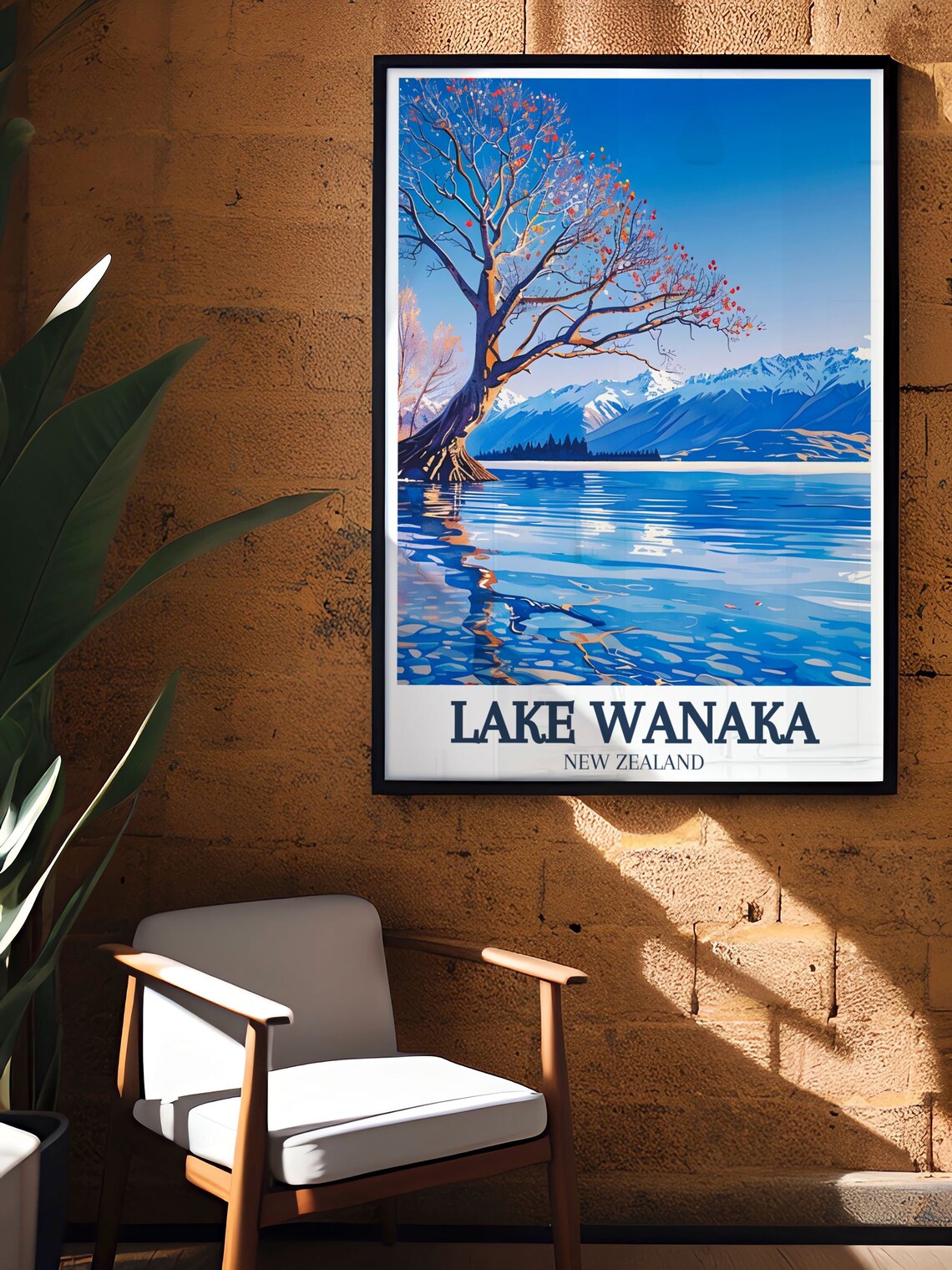 Lake Wanaka New Zealand Island Tree Mountain View Scenic Travel Poster - Image 2