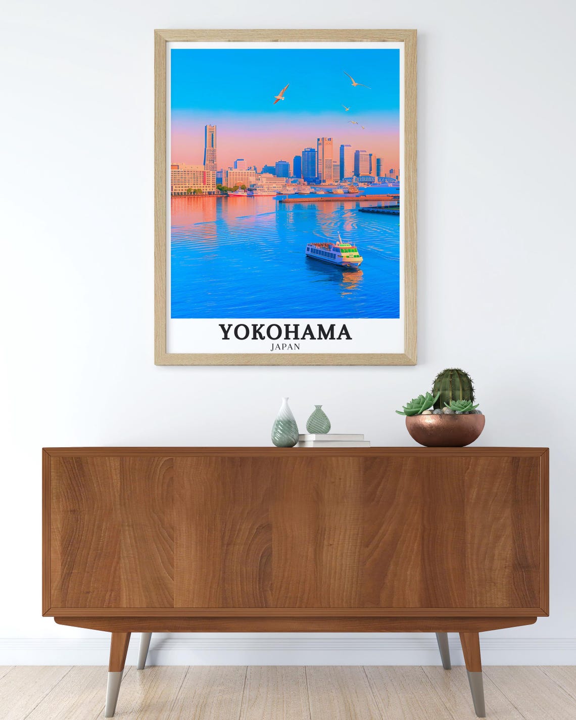 Yokohama Japan Blue Bay Skyline Sunset Sailboats Travel Poster - Image 2