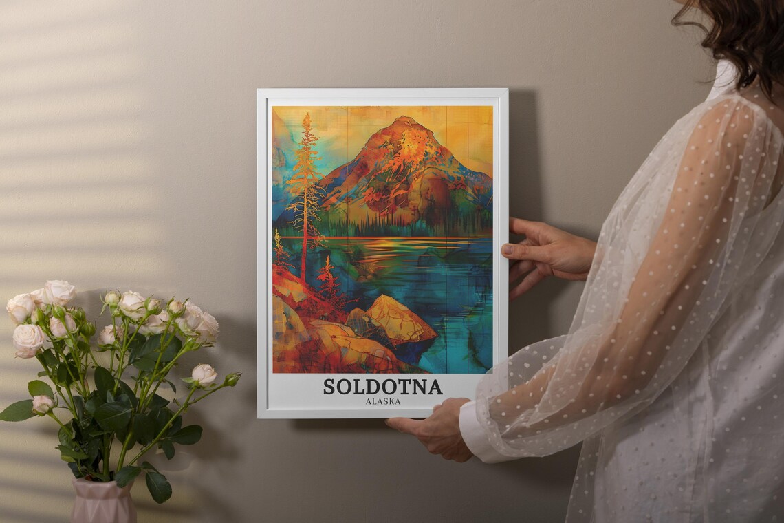 Soldotna Alaska Mountain Lake Pines Colorful Watercolor Travel Poster - Image 3