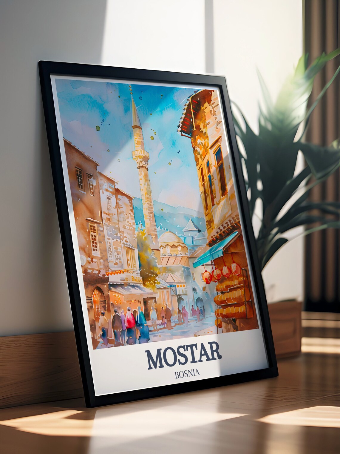 Mostar Old Bazaar Mosque Minaret Street Market Travel Art Poster - Image 2