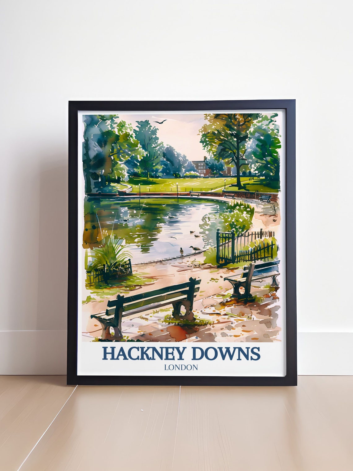 Hackney Downs London Duck Pond Benches Watercolor Scene Poster - Image 4