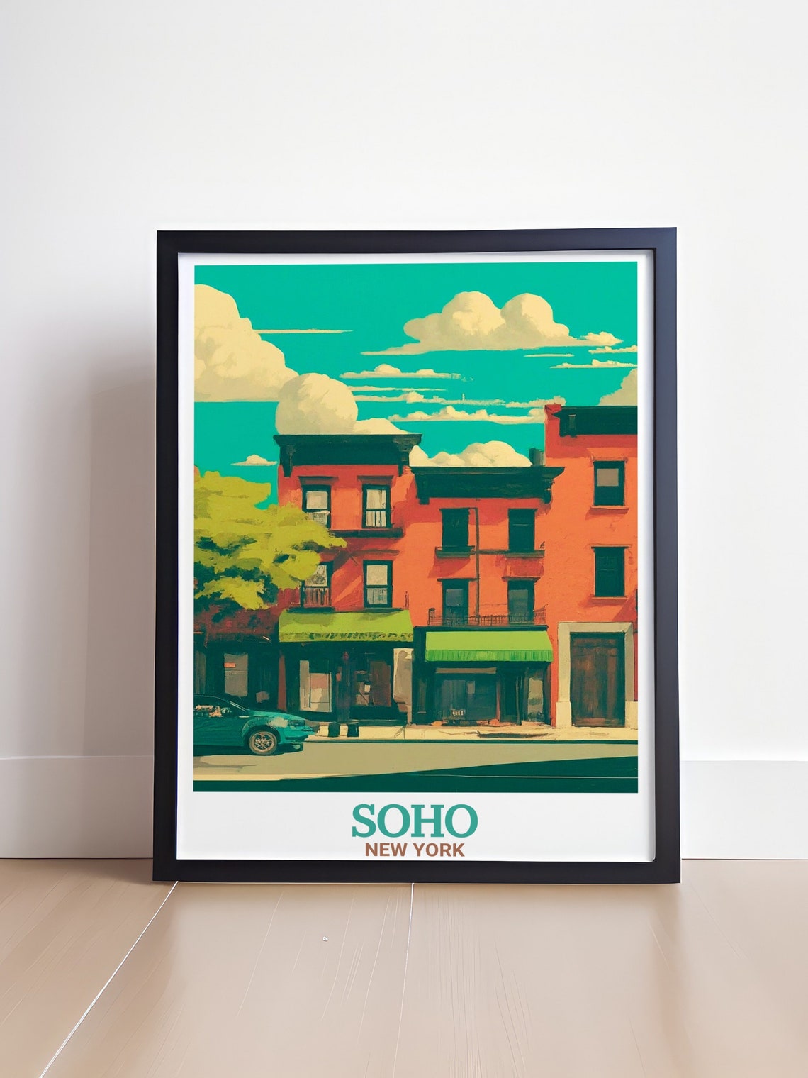 Soho New York Green Street Brick Facade Retro Teal Sky Poster - Image 4