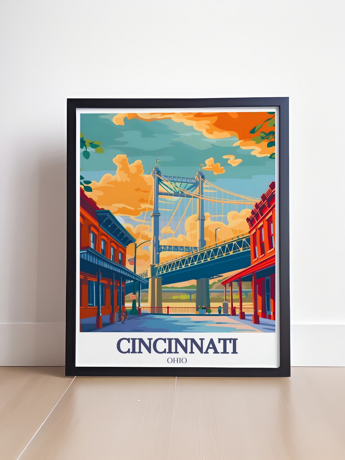 Cincinnati Ohio Roebling Suspension Bridge Brick Street Travel Poster - Image 4