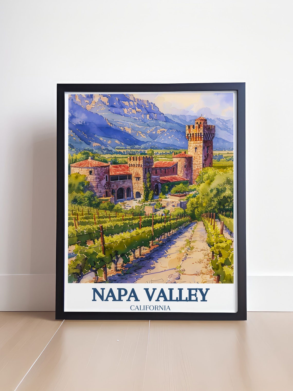 Napa Valley Castle Winery Vineyard Hills Watercolor Travel Poster - Image 4