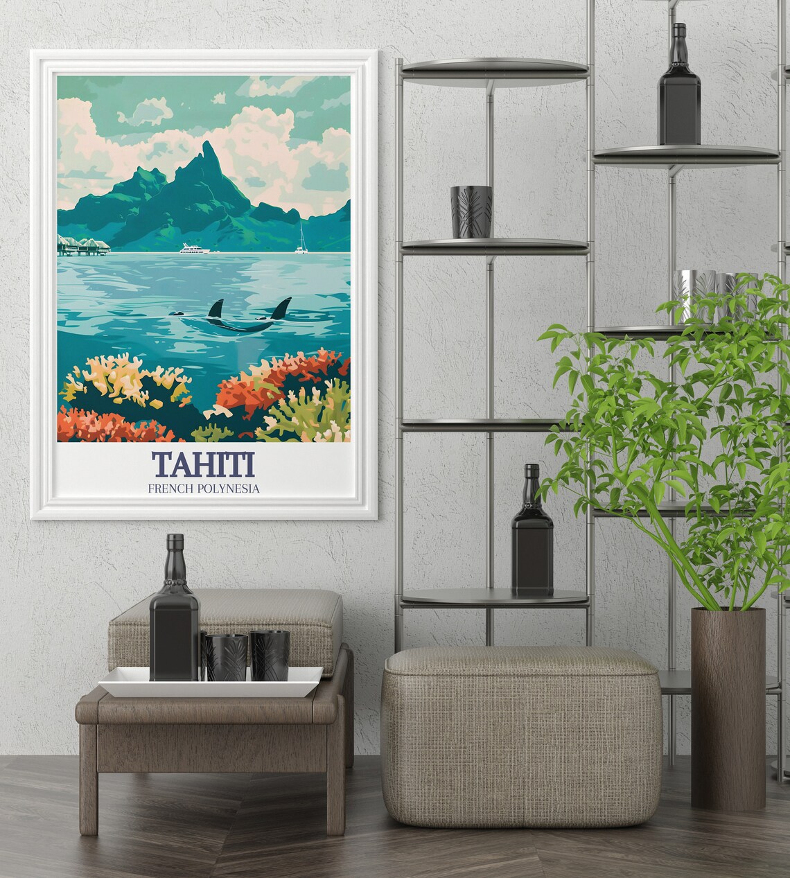 Tahiti French Polynesia Lagoon Dolphins Coral Reef Travel Poster - Image 2