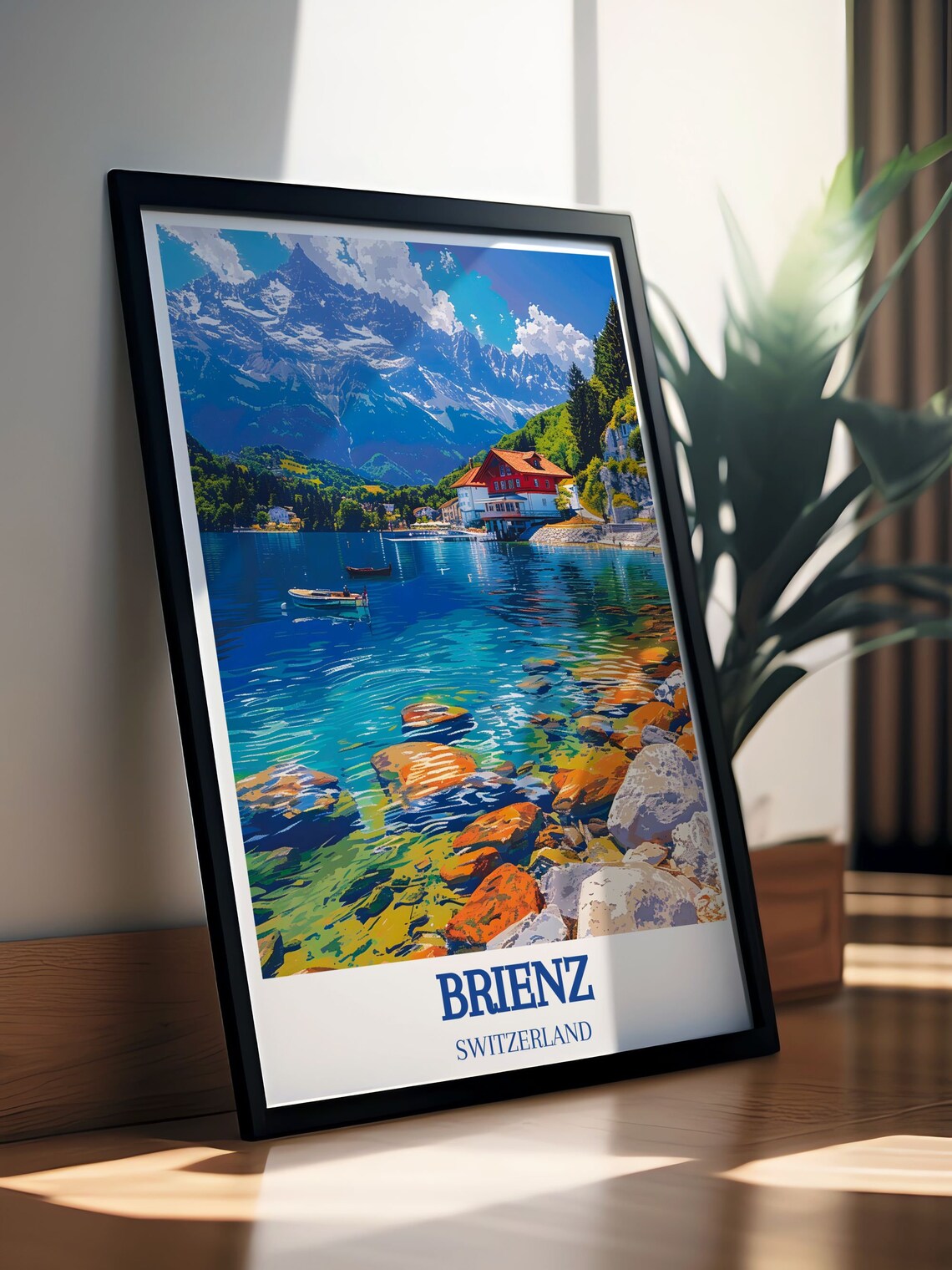 Brienz Switzerland Alpine Lake Red Boathouse Mountains Poster - Image 2