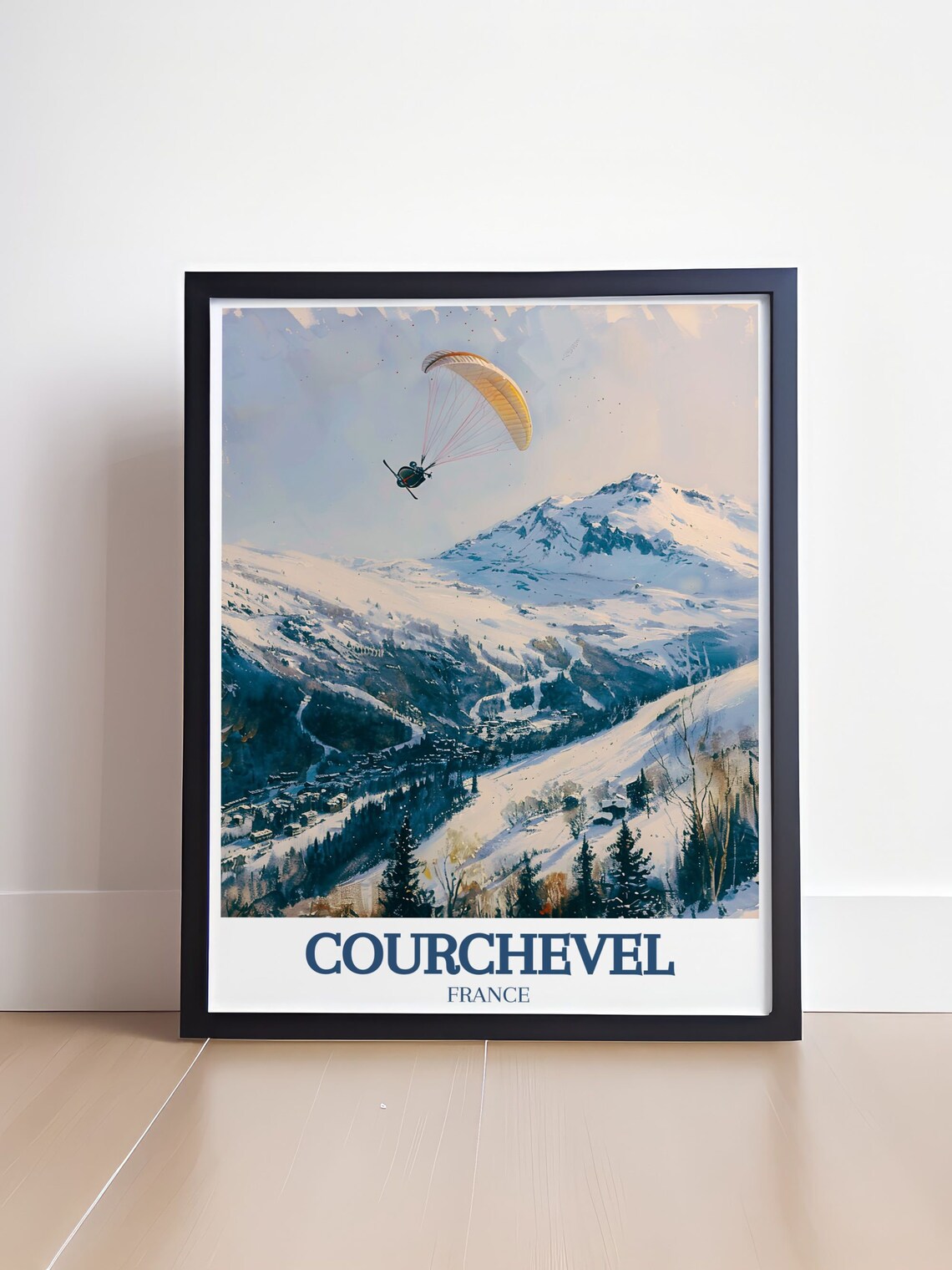 Courchevel France Paraglider Soaring Over Snowy Slopes Travel Poster - Image 4
