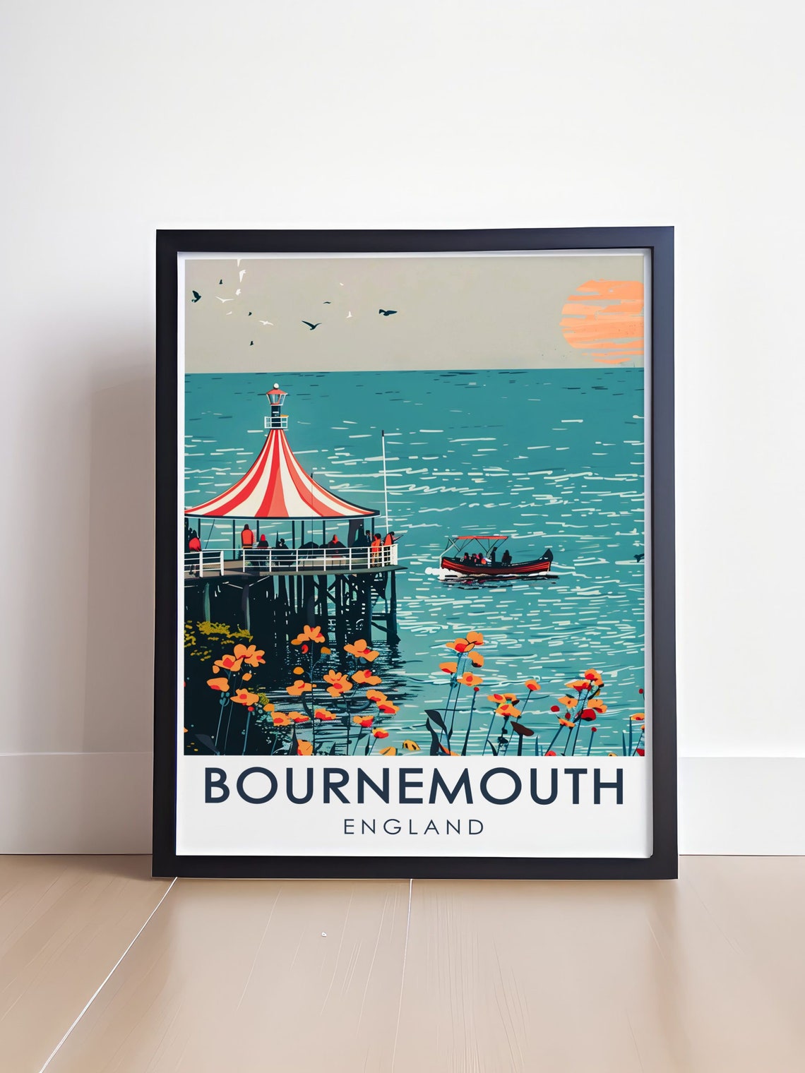 Bournemouth England Pier Striped Canopy Sunset Seaside Art Poster - Image 4