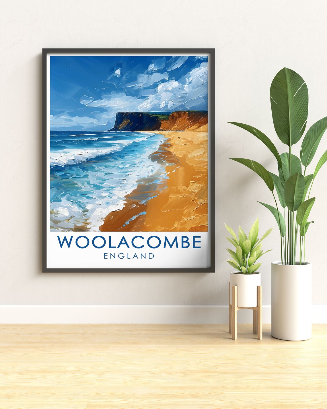 Woolacombe Golden Beach Cliffs Impasto Oil Painting Travel Poster - Image 2