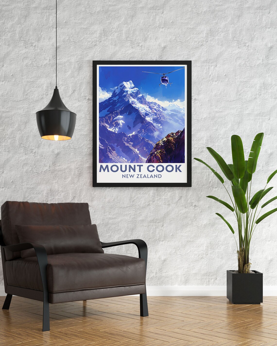 Mount Cook Snow Peak with Helicopter New Zealand Travel Poster - Image 2