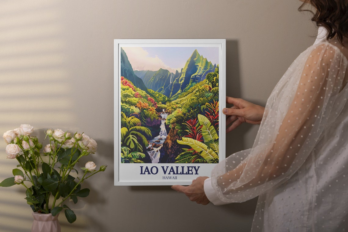 Iao Valley Hawaii Lush Tropical Waterfalls Rainforest Scene Poster - Image 2