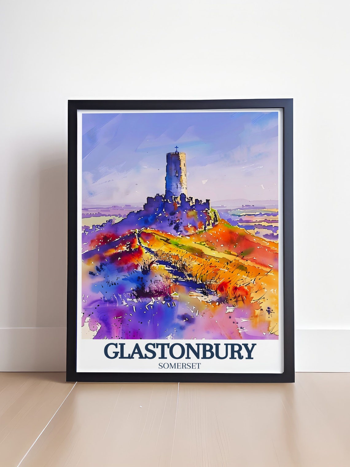 Glastonbury Tor Watercolor Poster Over the Somerset Sunset Hills - Image 4