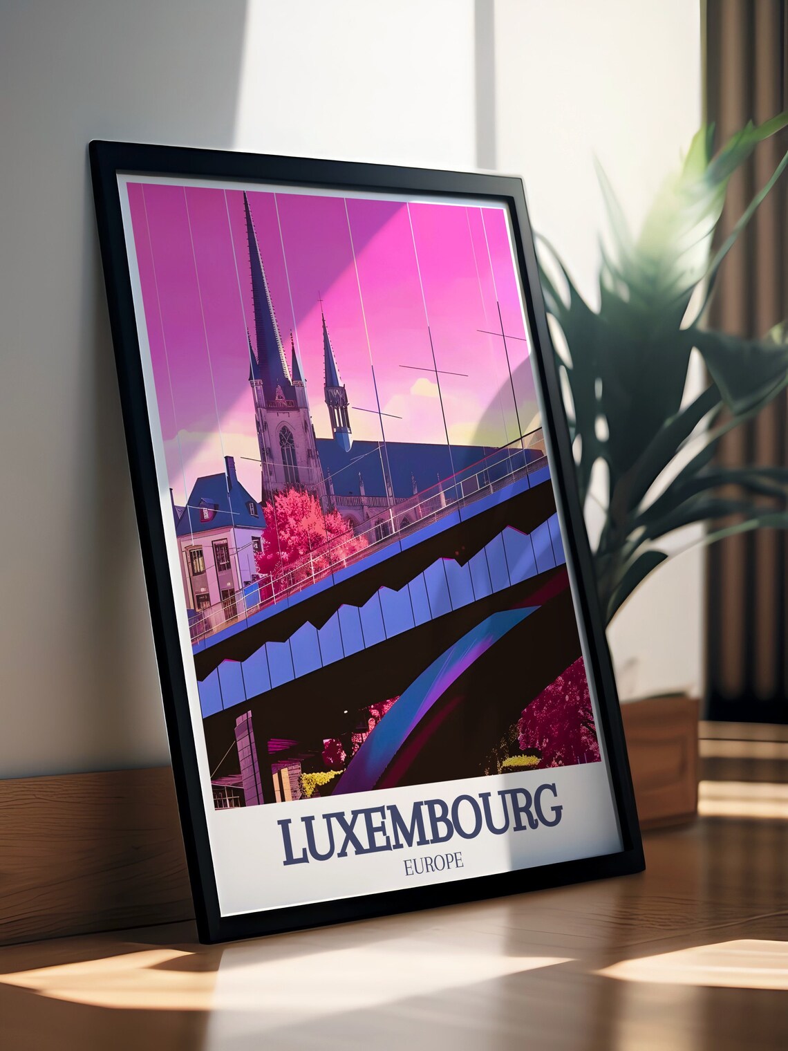Luxembourg Europe Notre Dame Cathedral Pink Dusk Bridge Travel Poster - Image 3