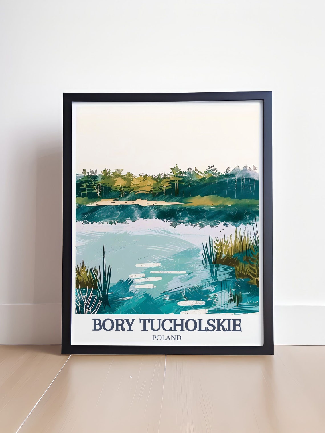 Bory Tucholskie Minimalist Teal Lake And Forest Shore Art Poster - Image 4