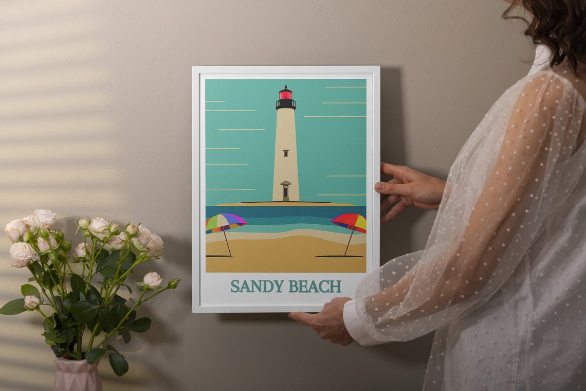 Sandy Beach Lighthouse Colorful Umbrellas Retro Coastal Poster - Image 2