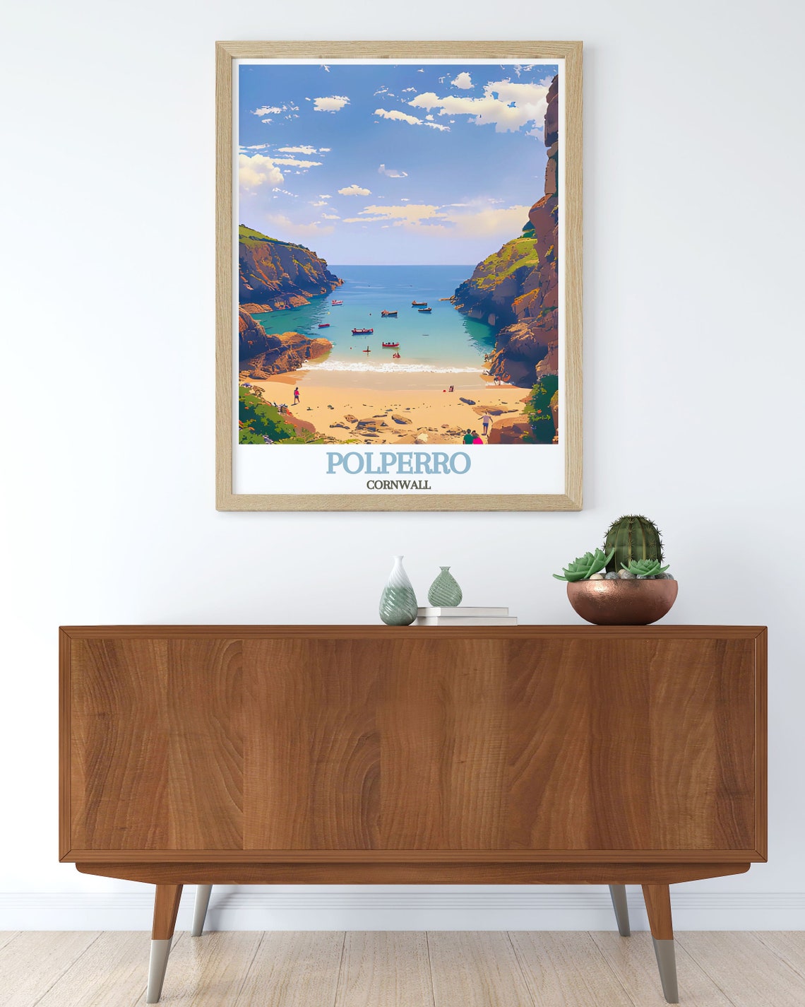 Polperro Cornwall Sunny Cove Beach and Red Fishing Boats Poster - Image 2