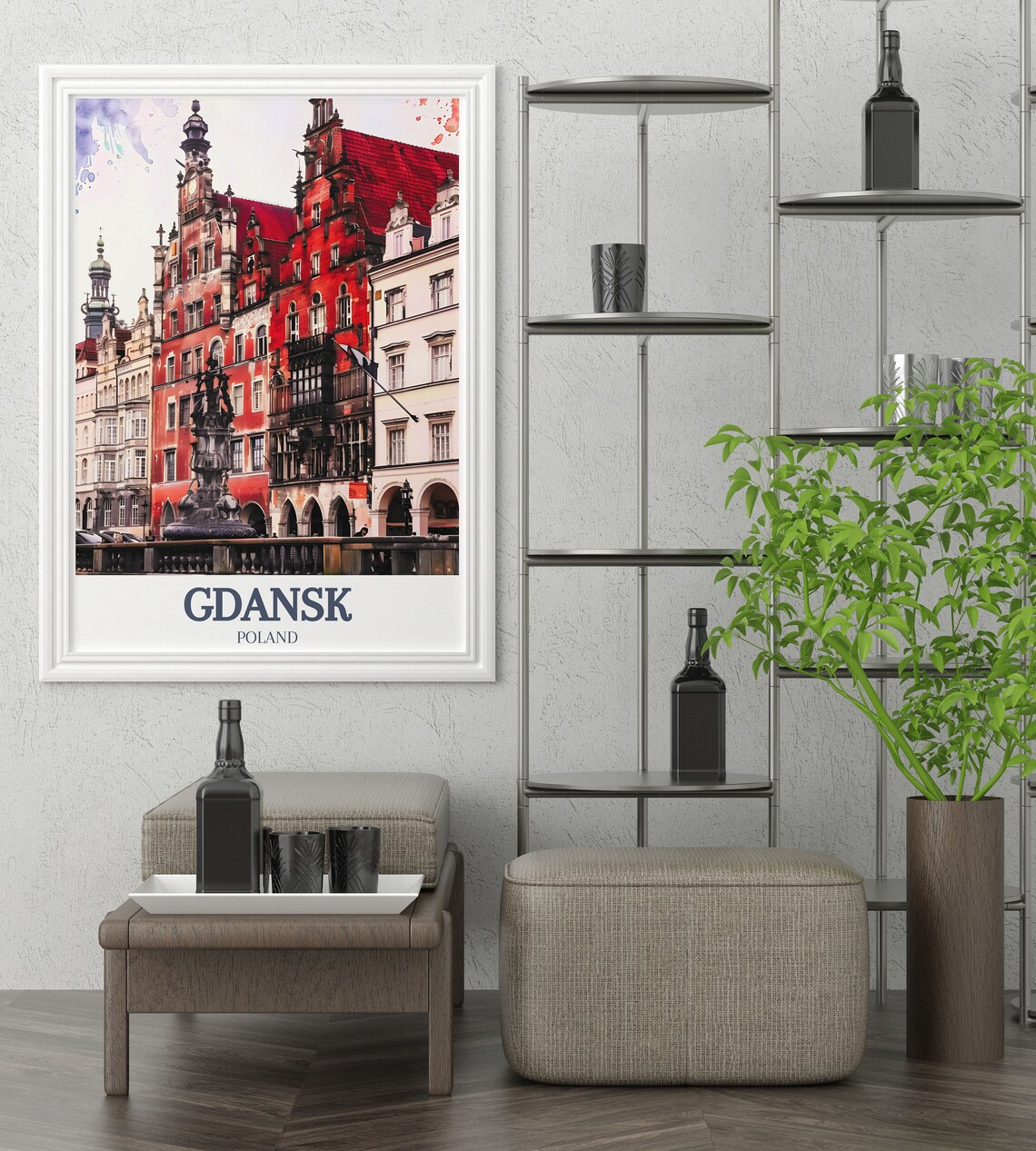 Gdansk Poland Old Town Neptune Fountain Watercolor Cityscape Poster - Image 2