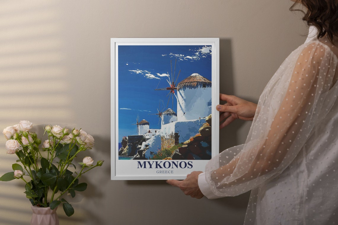 Mykonos Windmills Row Under Deep Blue Aegean Sky Greece Island Poster - Image 3