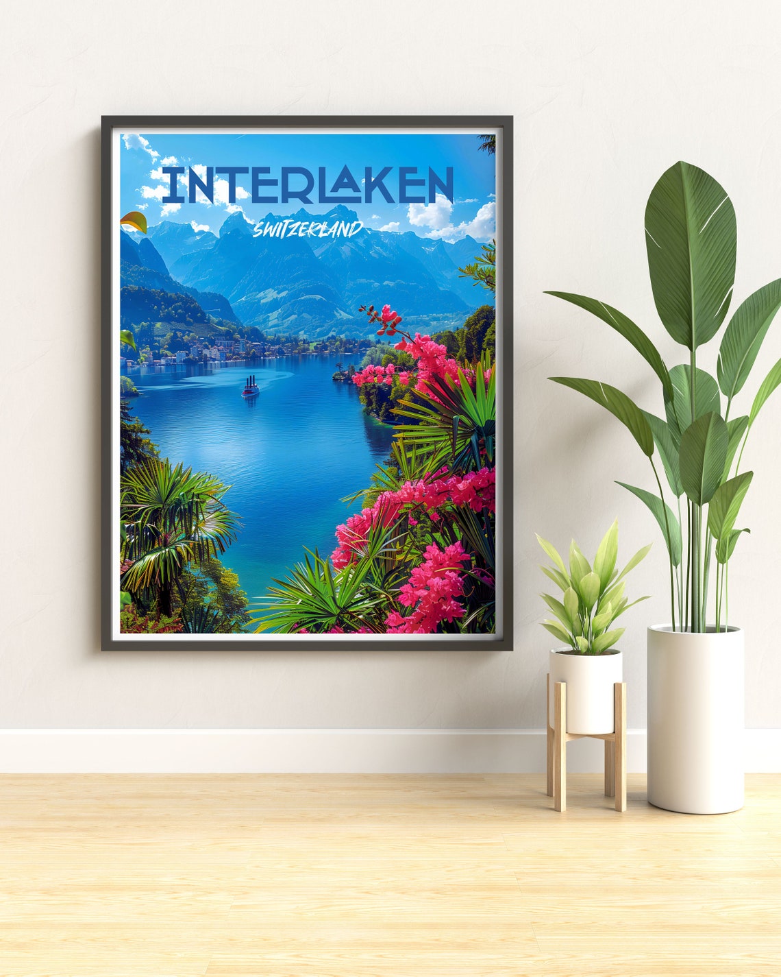 Interlaken Switzerland Sparkling Blue Lake Pink Blossoms Travel Poster - Image 3