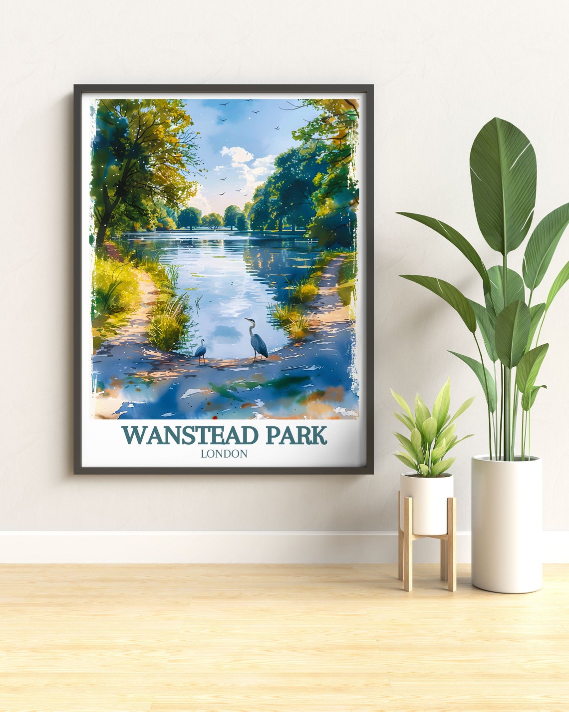 Wanstead Park Lakeside Trail Herons Watercolor Travel Poster - Image 3