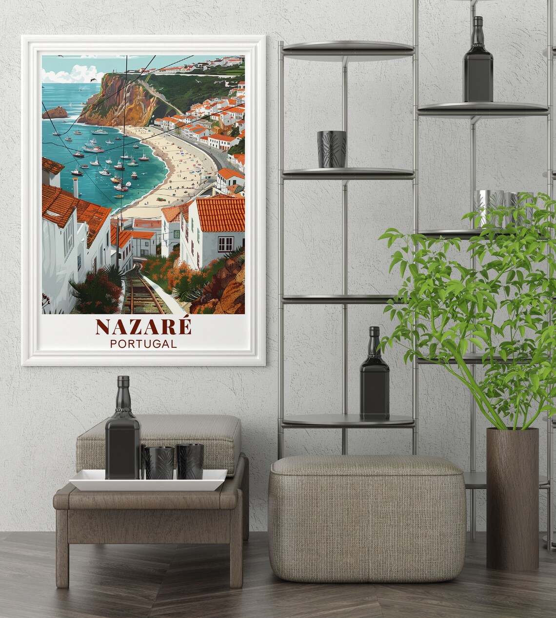 Nazaré Portugal Beach Bay Boats and Cliffside Funicular Poster - Image 2
