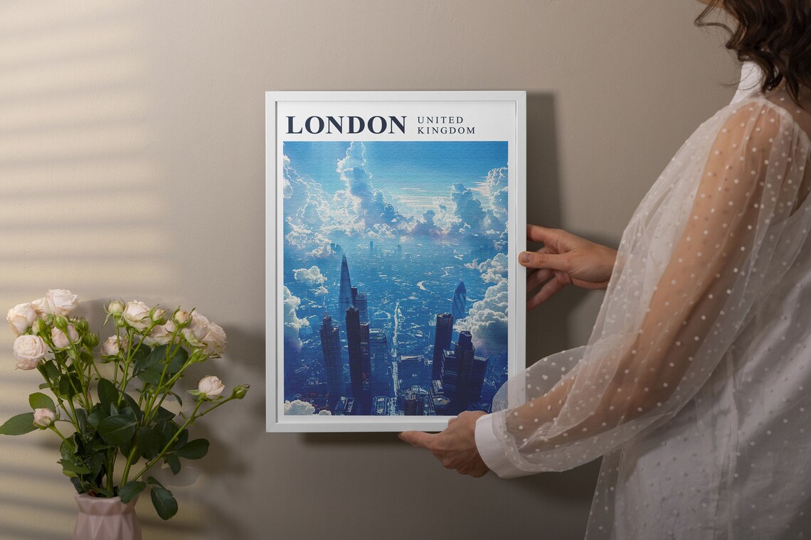 London United Kingdom Skyline Above Clouds Shard Aerial Travel Poster - Image 4