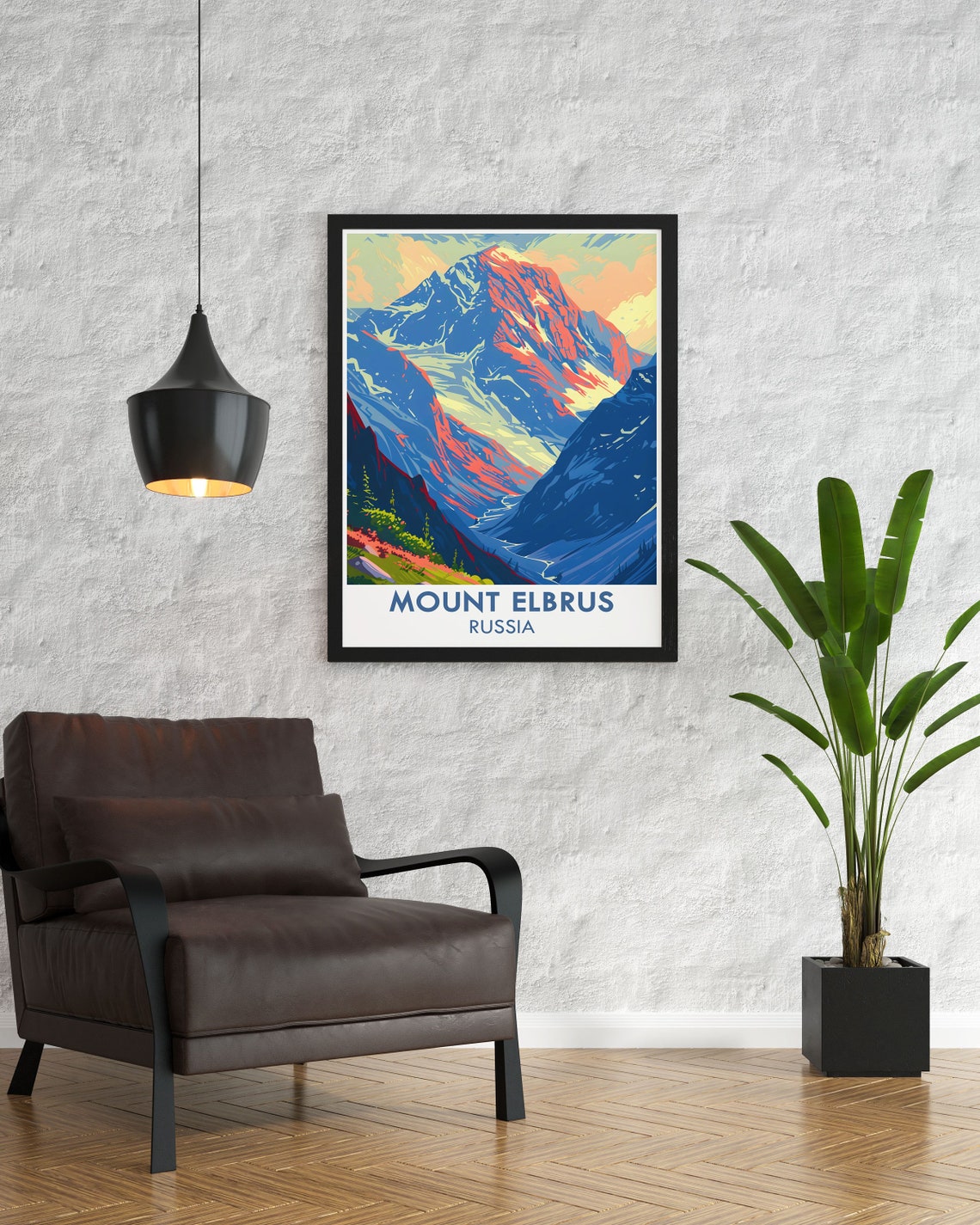 Mount Elbrus Glowing Red Peak at Sunset Over Alpine Valley Poster - Image 3