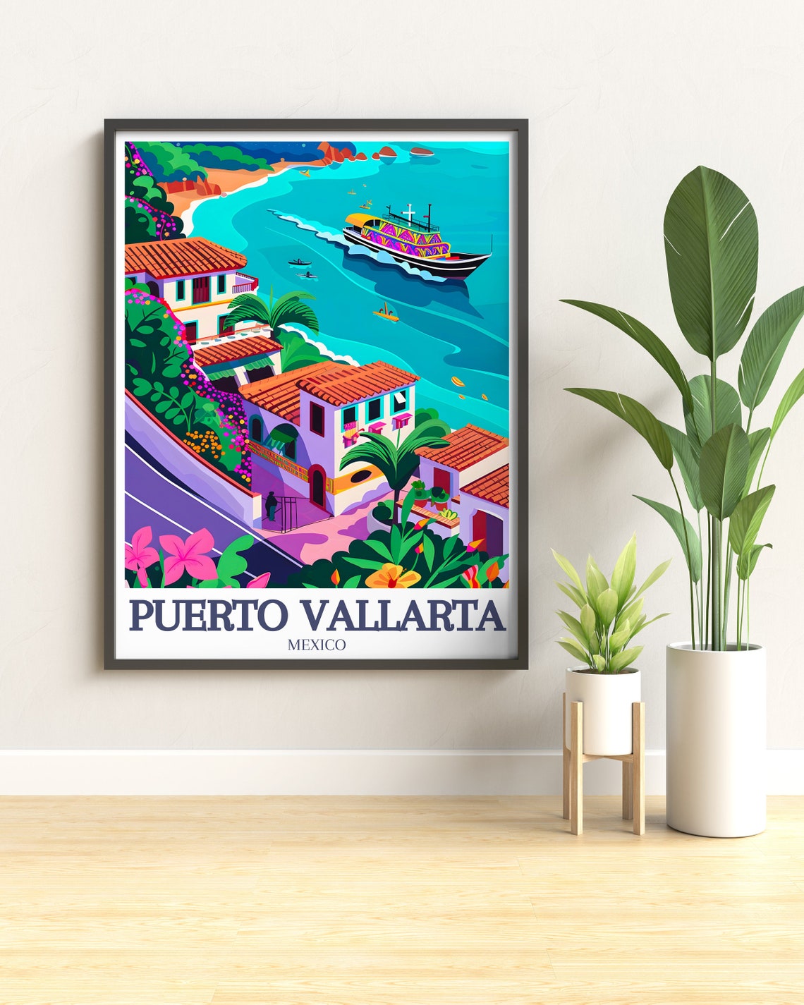 Puerto Vallarta Beach Print Golden Sands And Panga Boats Puerto Vallarta Coastal Wall Art Puerto Vallarta Beach Poster - Image 3