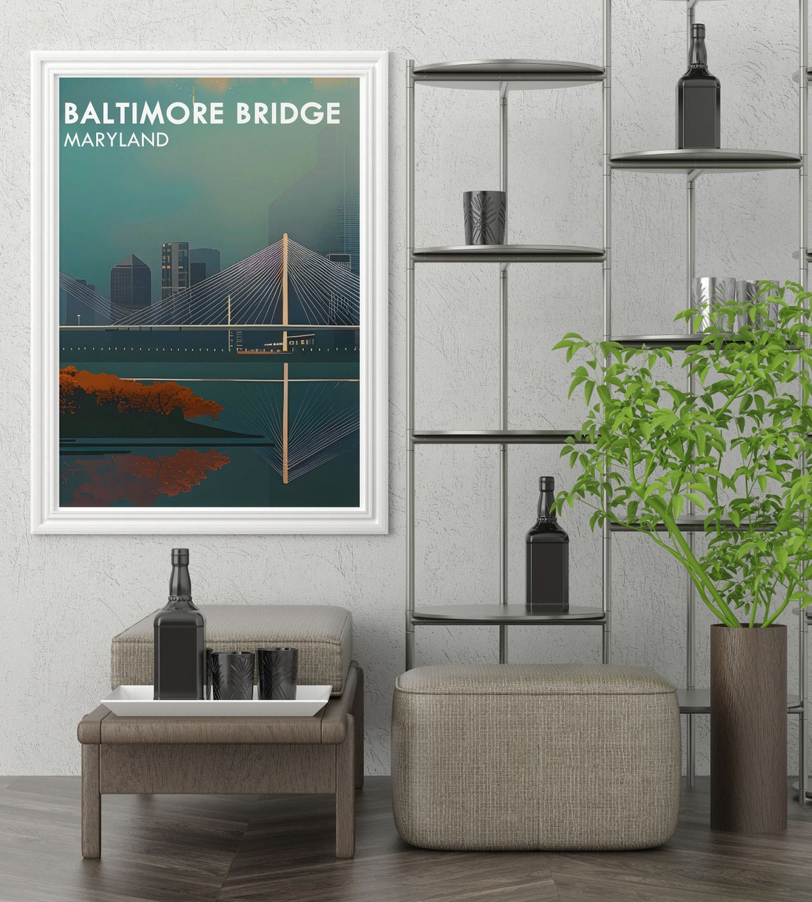 Baltimore Key Bridge Teal Dusk Reflection Minimal Travel Poster - Image 4