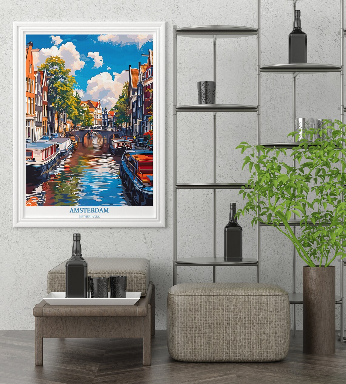 Amsterdam Canal with Houseboats and Bridge Daytime Travel Poster - Image 4