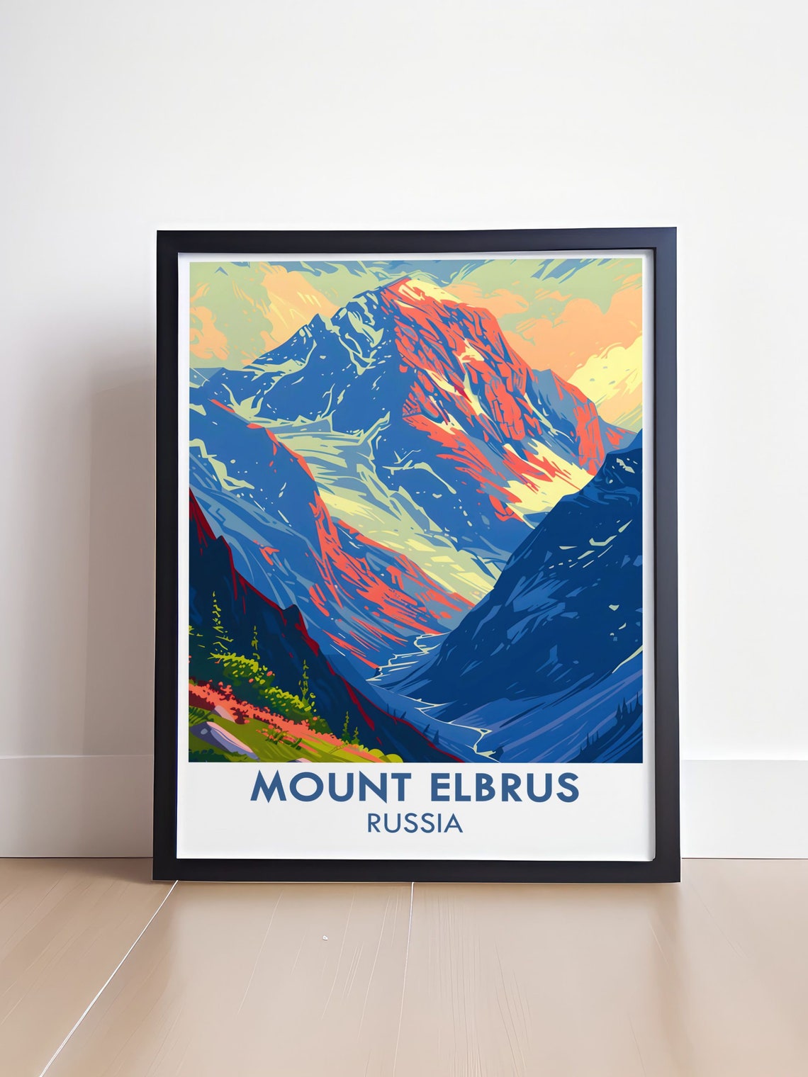 Mount Elbrus Glowing Red Peak at Sunset Over Alpine Valley Poster - Image 4