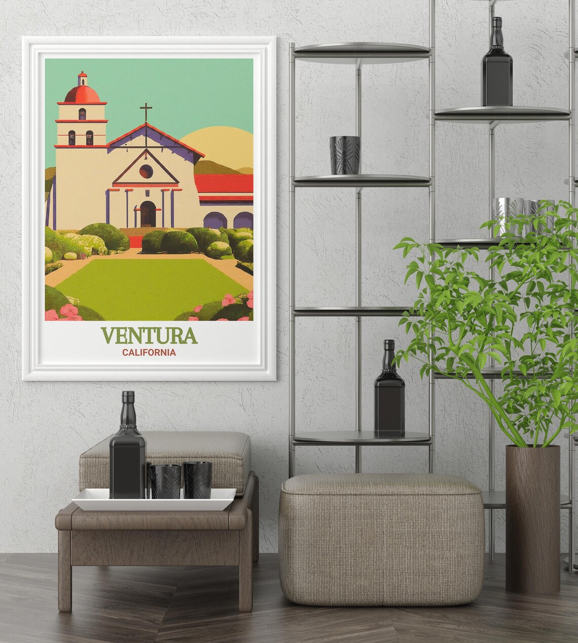 Ventura California Mission Church Red Dome Garden Travel Poster - Image 2