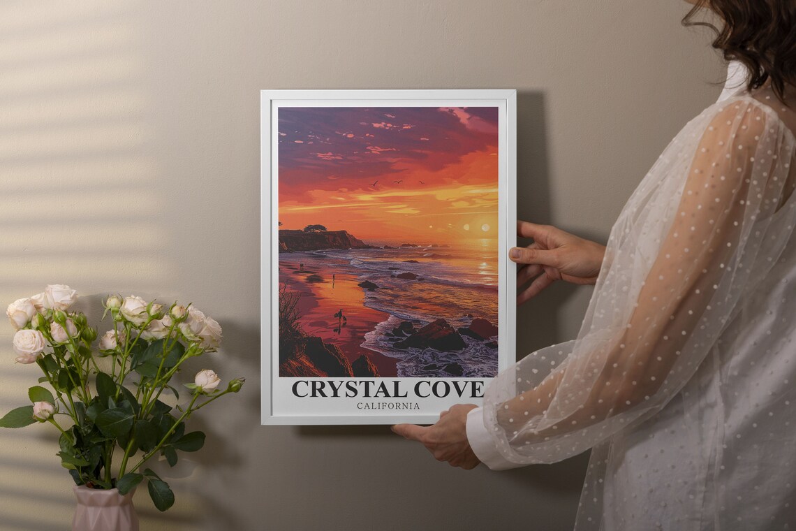 Crystal Cove Beach at Sunset With Surfer and Golden Waves Travel Poster - Image 3