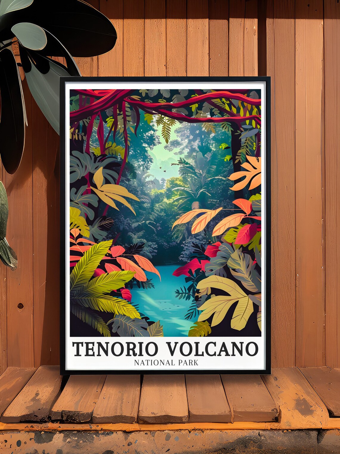 Tenorio Volcano Blue Lagoon Framed By Tropical Leaves Art Poster - Image 2
